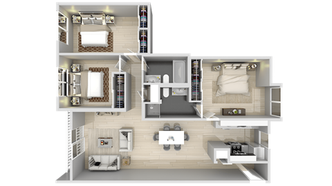 Floor plan for 3 beds, 2 baths, 1124 sqft